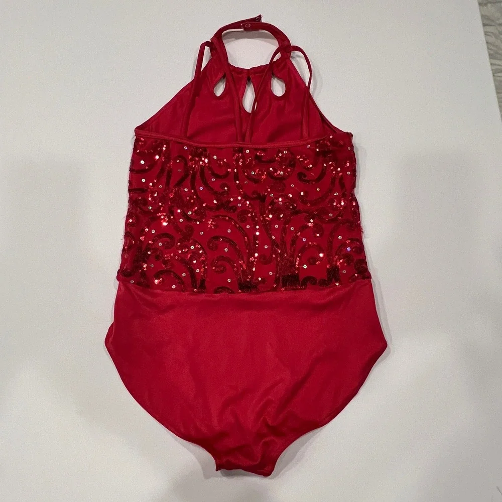 Weissman Girls XXL Red Sequin Halter Leotard Dance Costume Pageant Jazz Lyrical